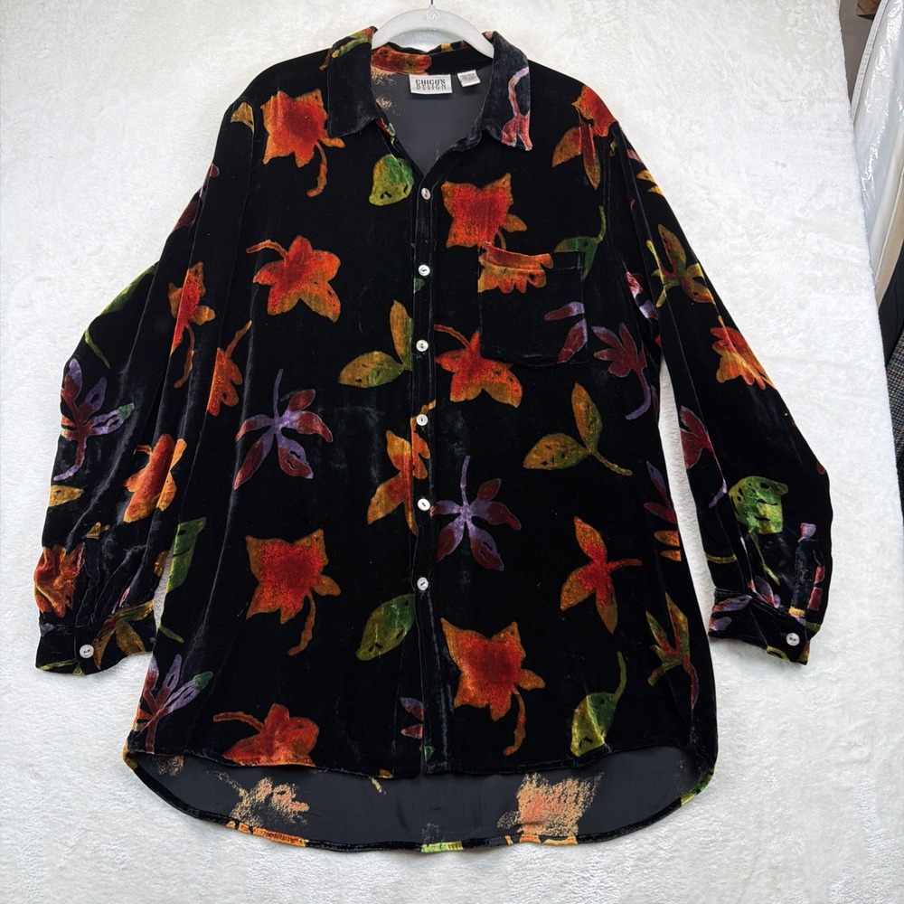 Vintage 90s Chicos Design Womens L Black Velvet Burnout Floral Silk Blend Shirt